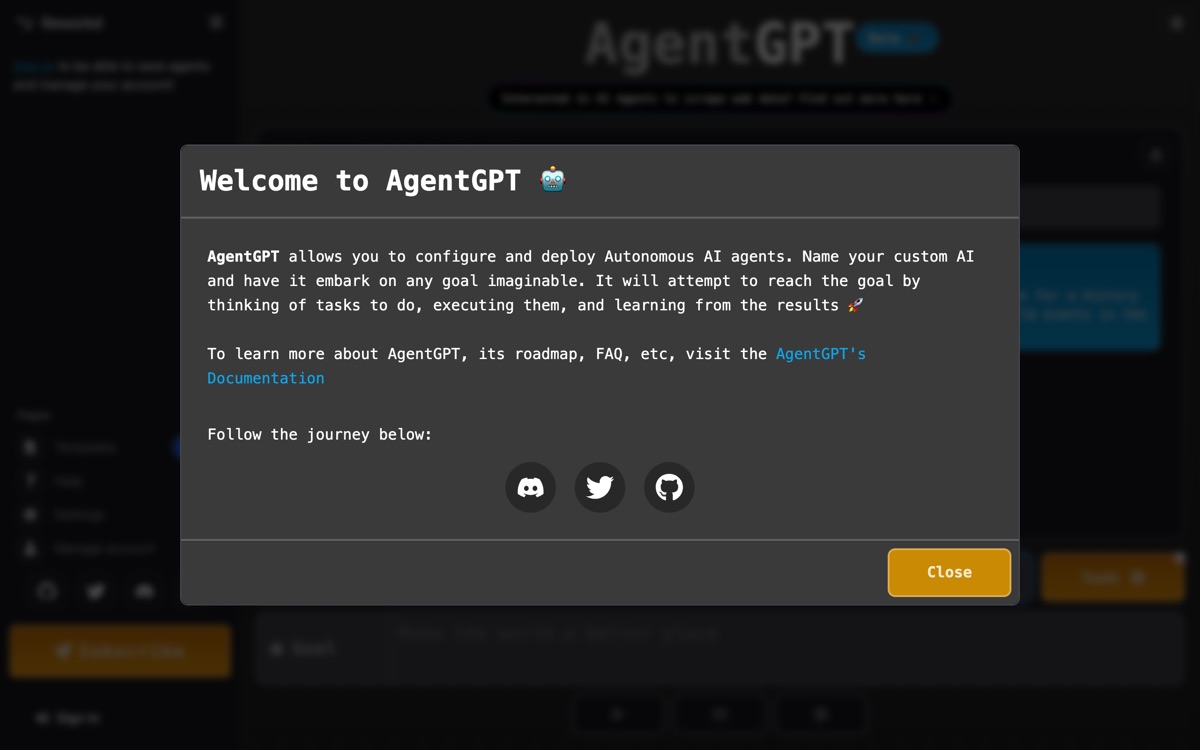 Screenshot of the AgentGPT website
