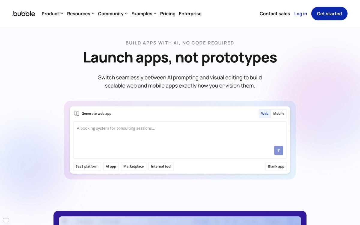 Screenshot of the Bubble website