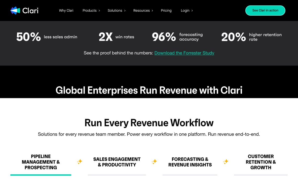 Screenshot of the Clari website