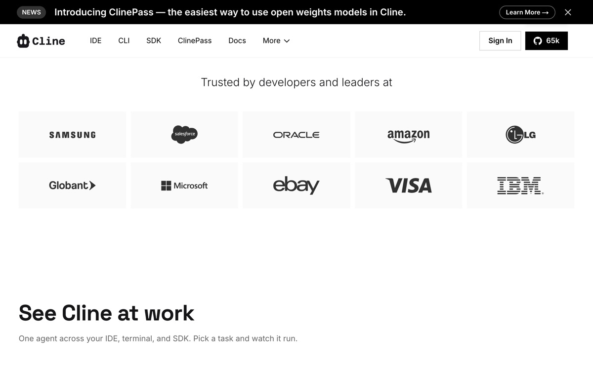 Screenshot of the Cline website