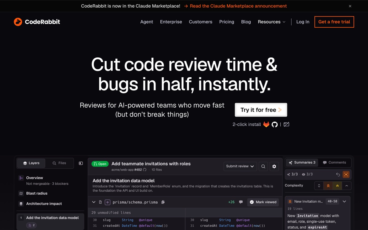 Screenshot of the CodeRabbit website