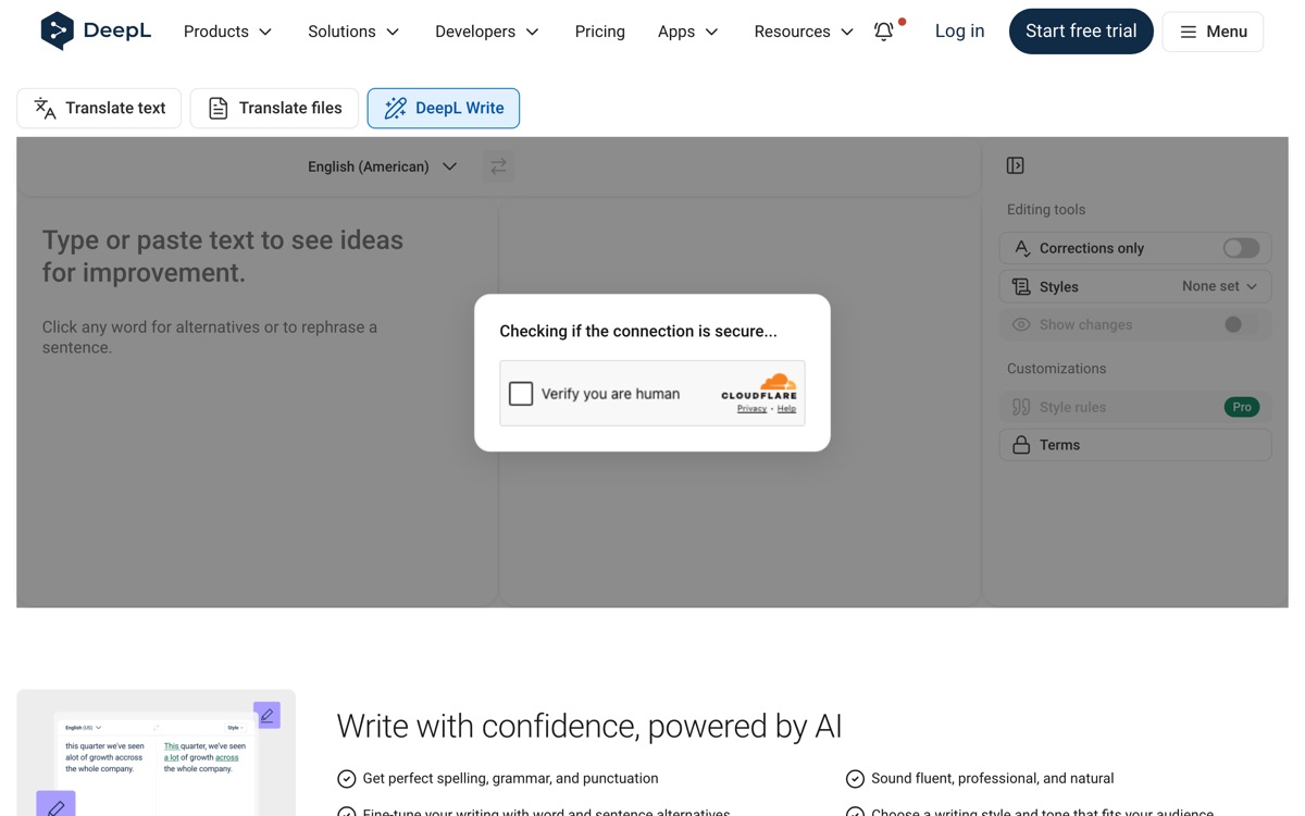 Screenshot of the DeepL Write website