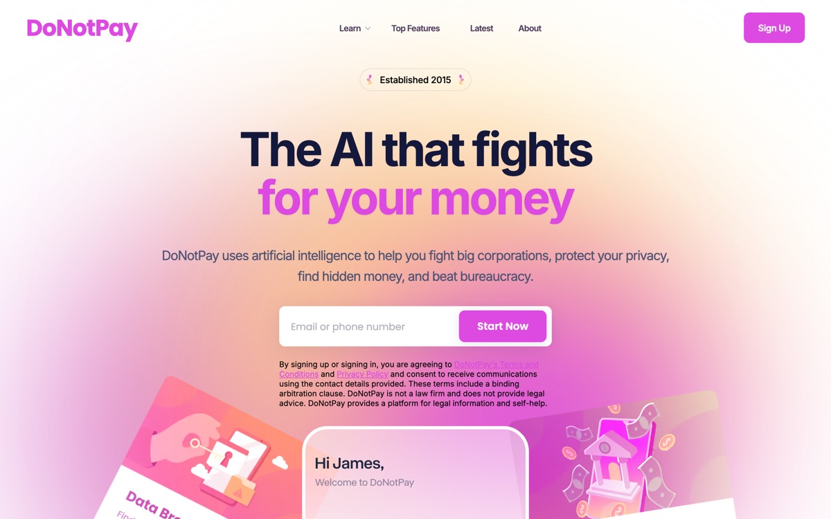 Screenshot of the DoNotPay website