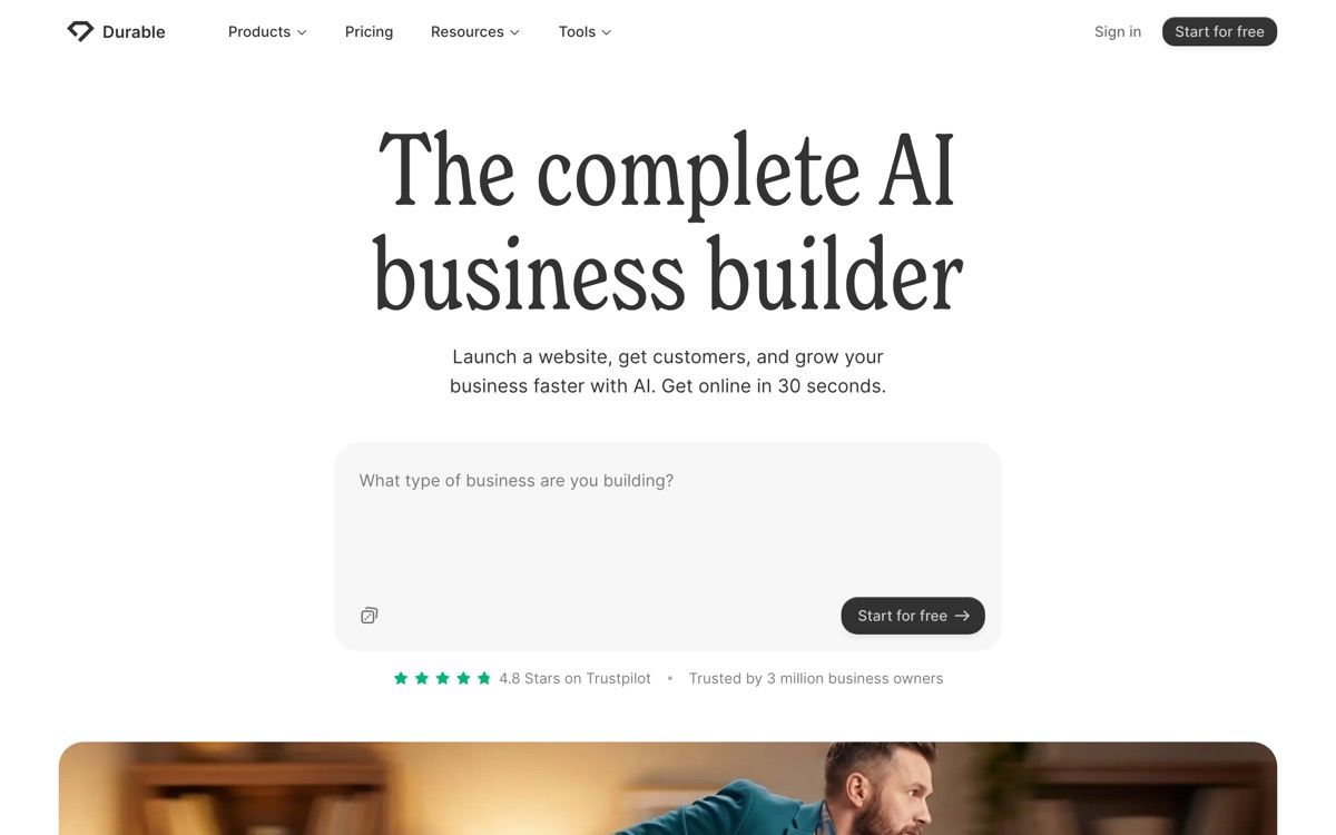 Screenshot of the Durable website