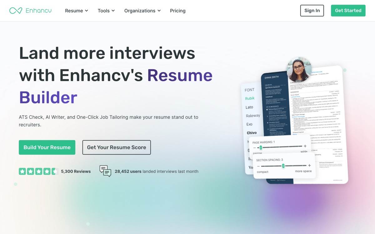 Screenshot of the Enhancv website