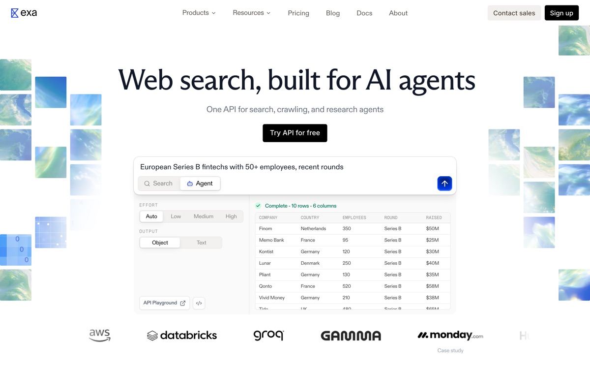 Screenshot of the Exa website