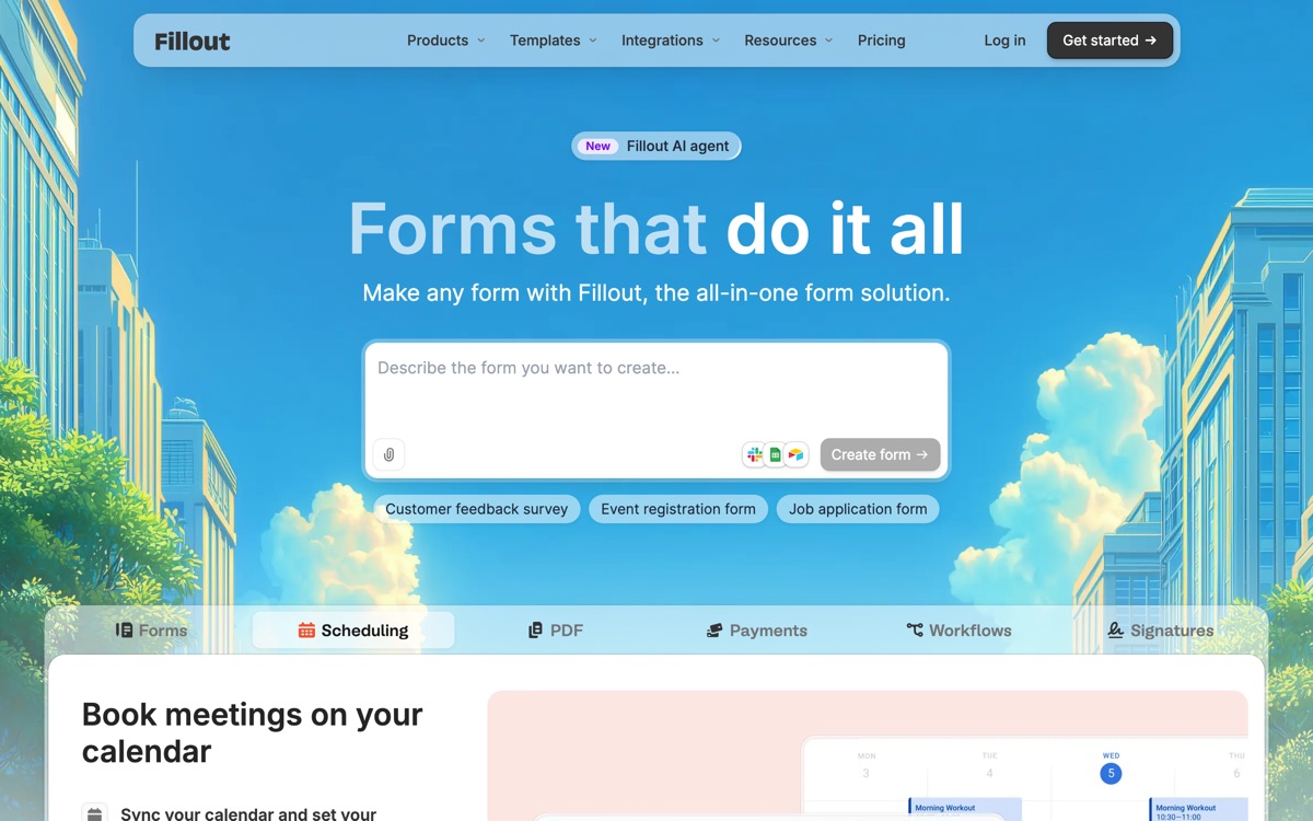Screenshot of the Fillout website