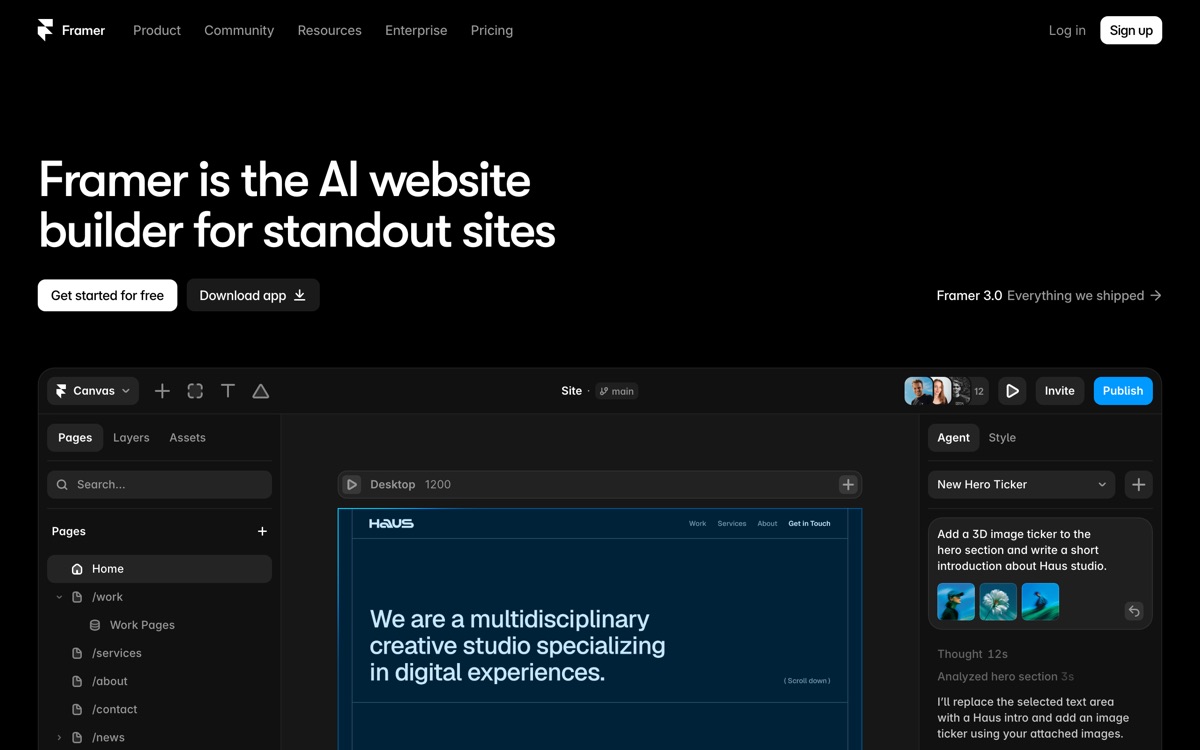 Screenshot of the Framer website