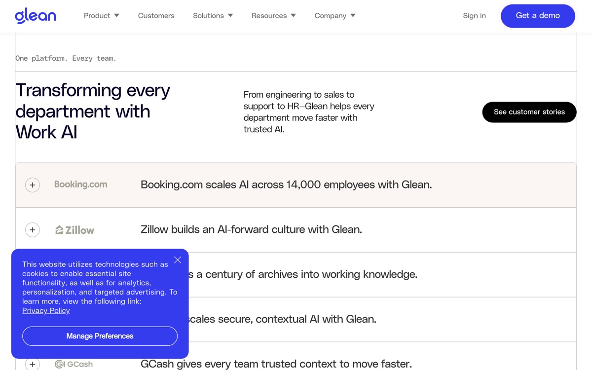 Screenshot of the Glean website
