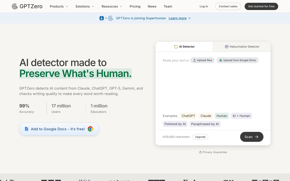 Screenshot of the GPTZero website