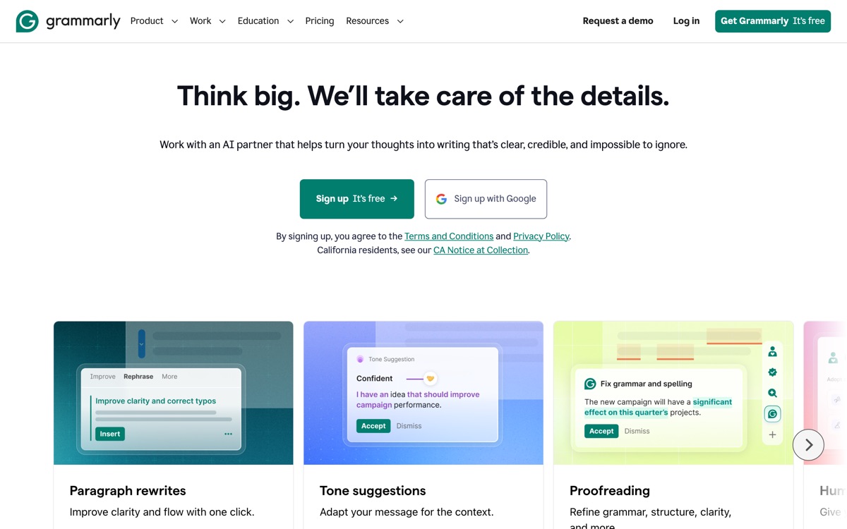 Screenshot of the Grammarly website