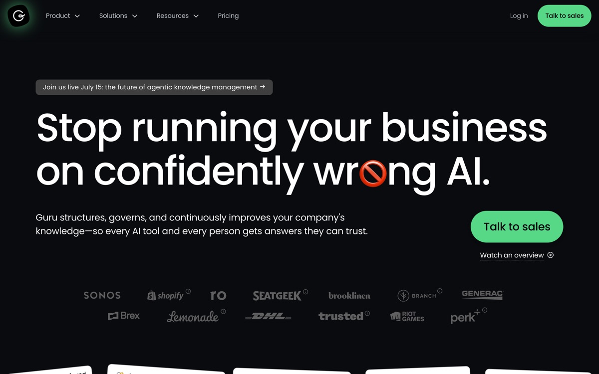 Screenshot of the Guru website
