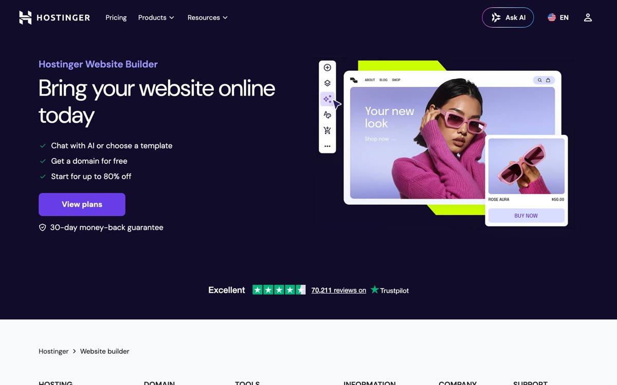 Screenshot of the Hostinger AI Builder website