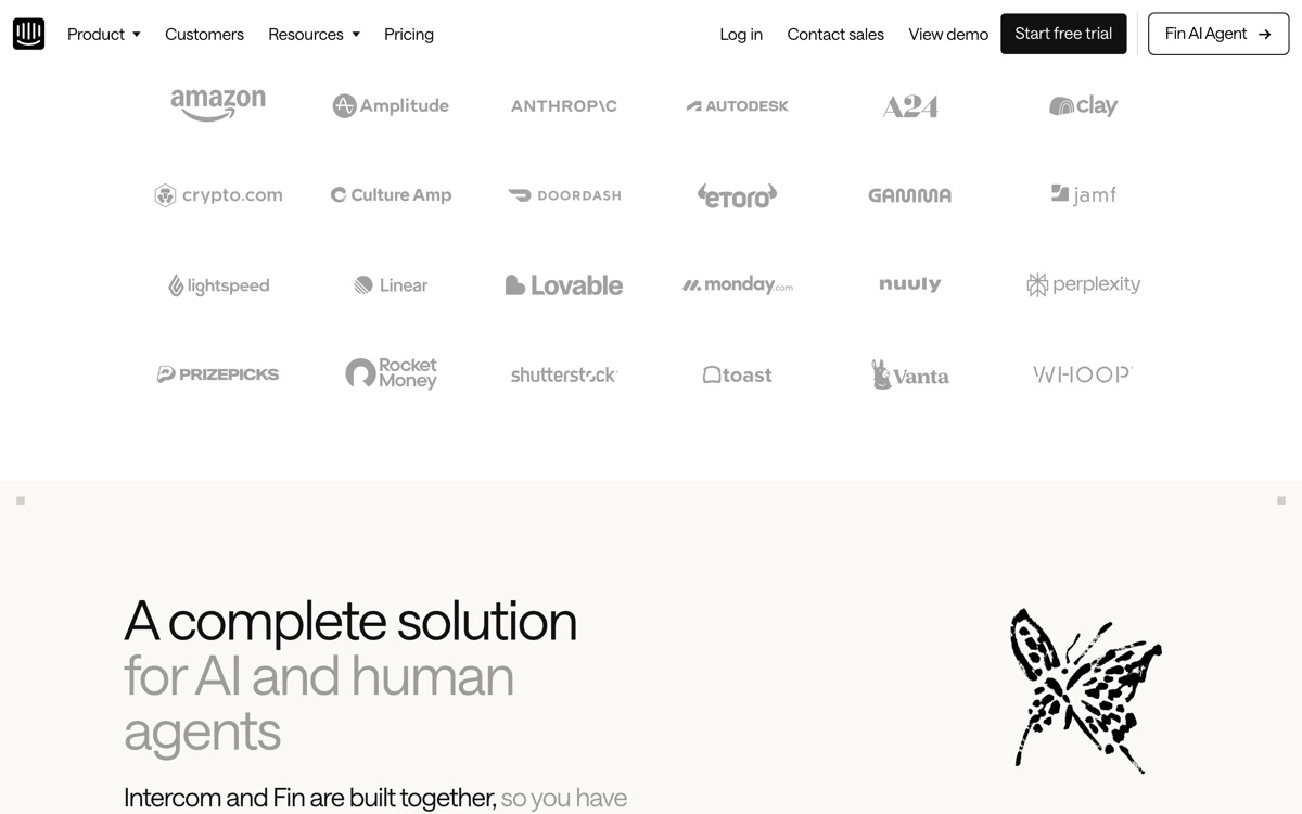 Screenshot of the Intercom website