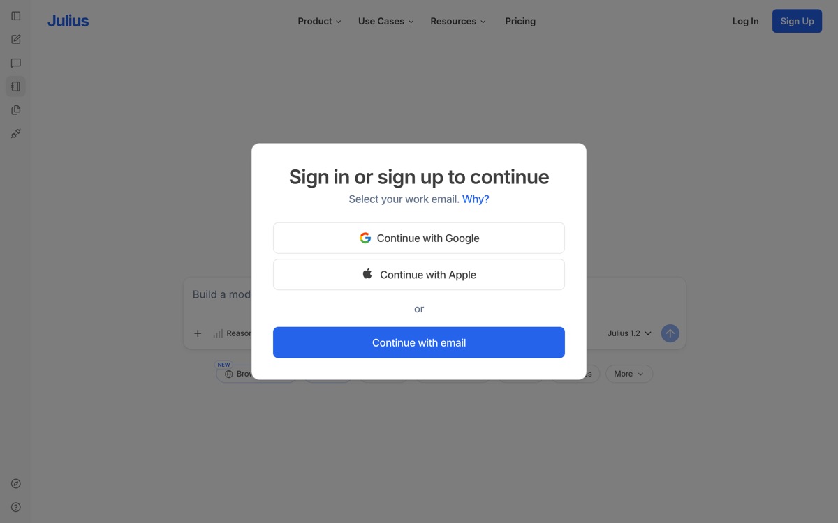 Screenshot of the Julius AI website