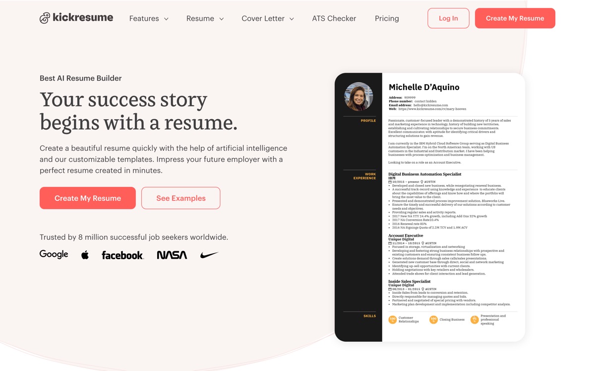 Screenshot of the Kickresume website