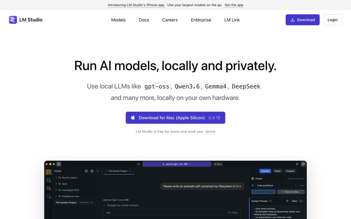 Screenshot of the LM Studio website