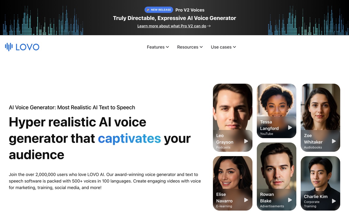 Screenshot of the LOVO website