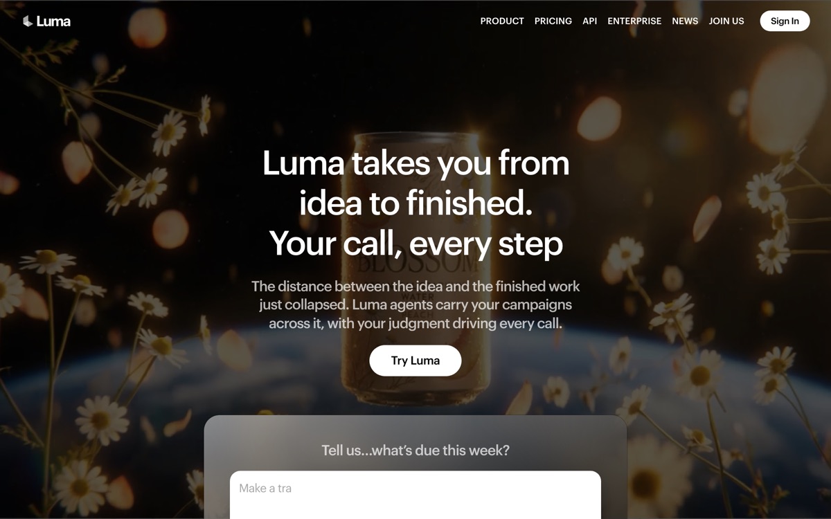 Screenshot of the Luma AI website