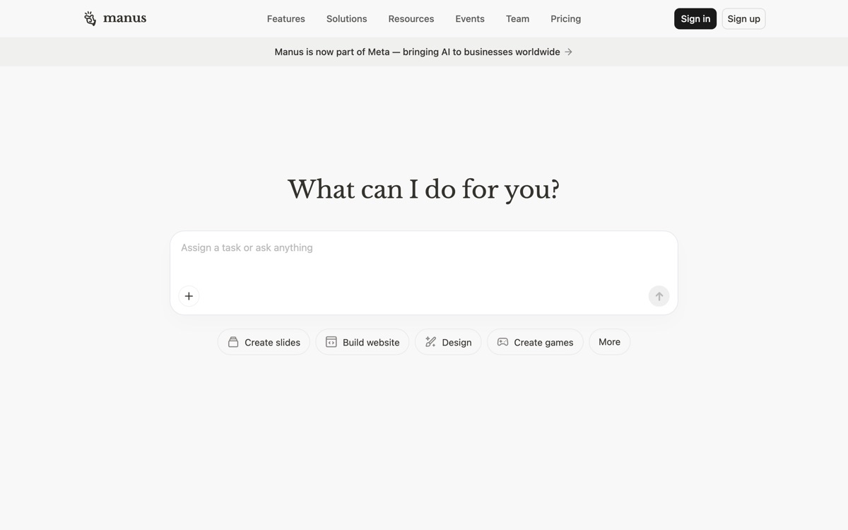 Screenshot of the Manus website