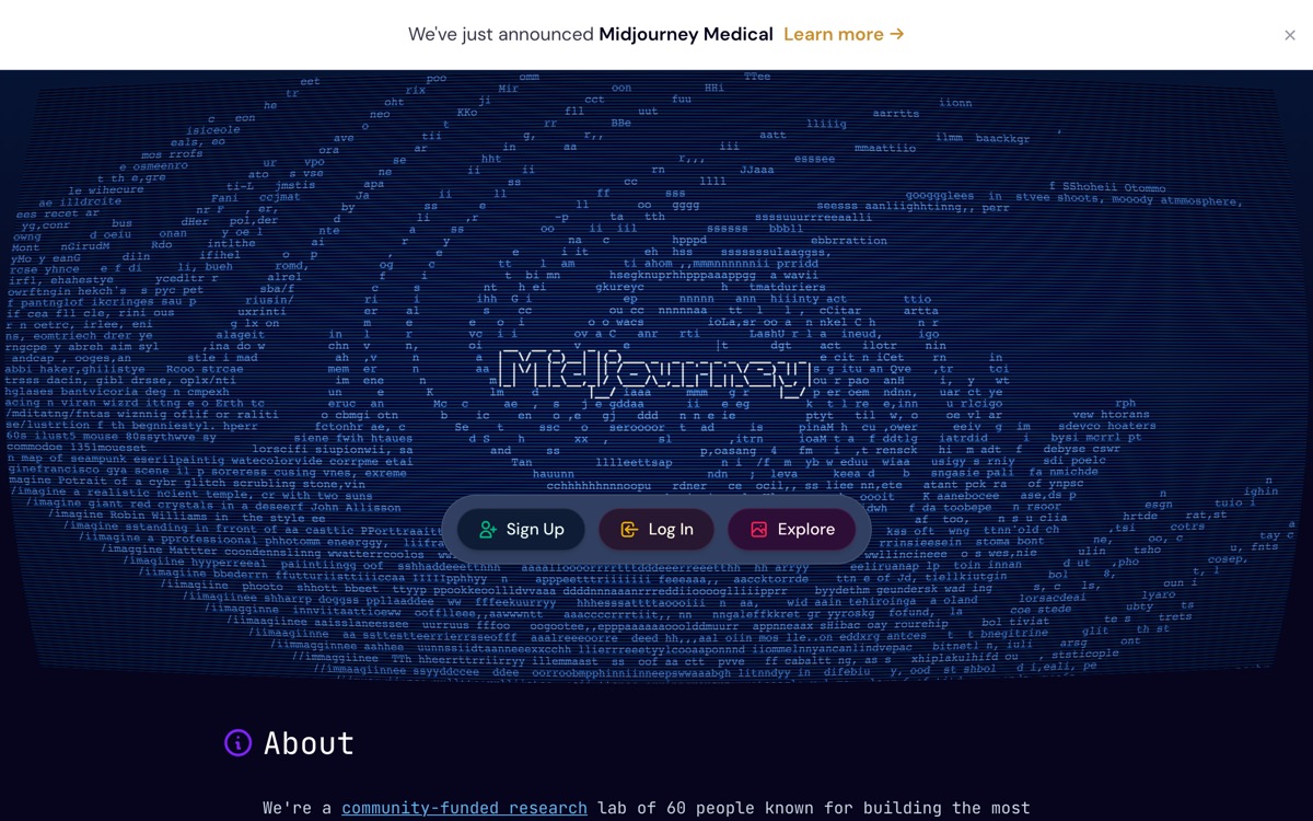 Screenshot of the Midjourney website