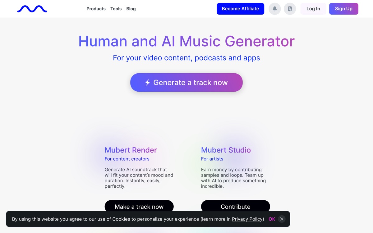 Screenshot of the Mubert website