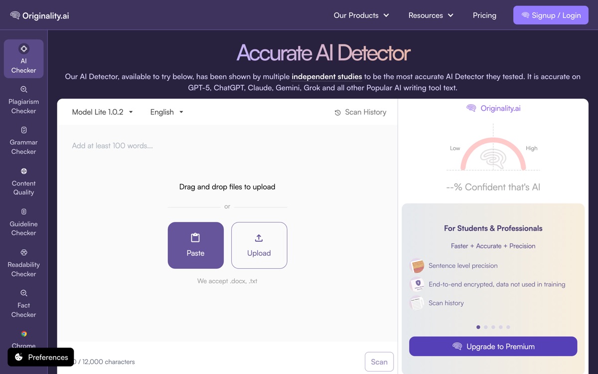 Screenshot of the Originality.ai website