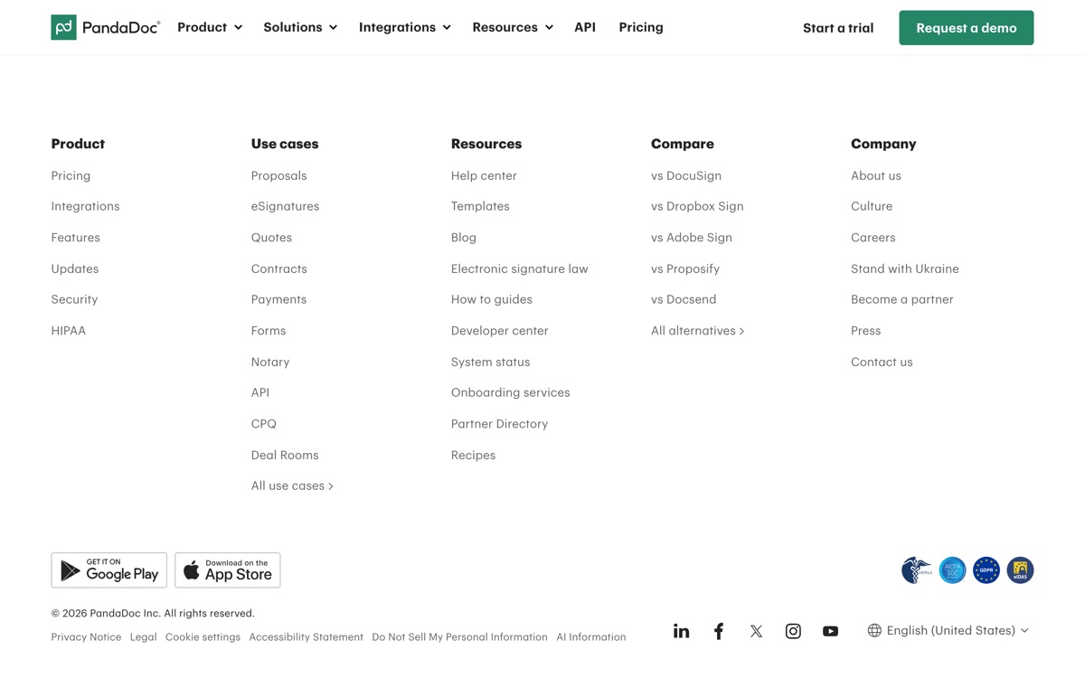 Screenshot of the PandaDoc website
