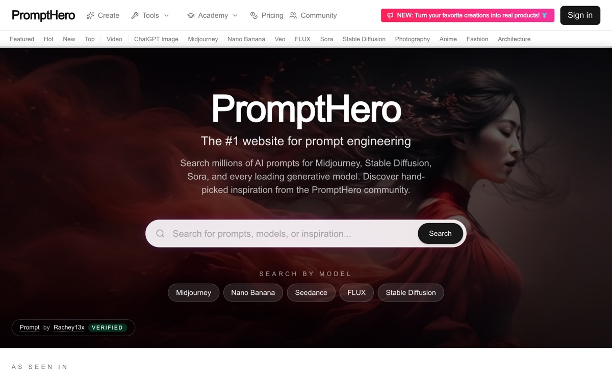 Screenshot of the PromptHero website