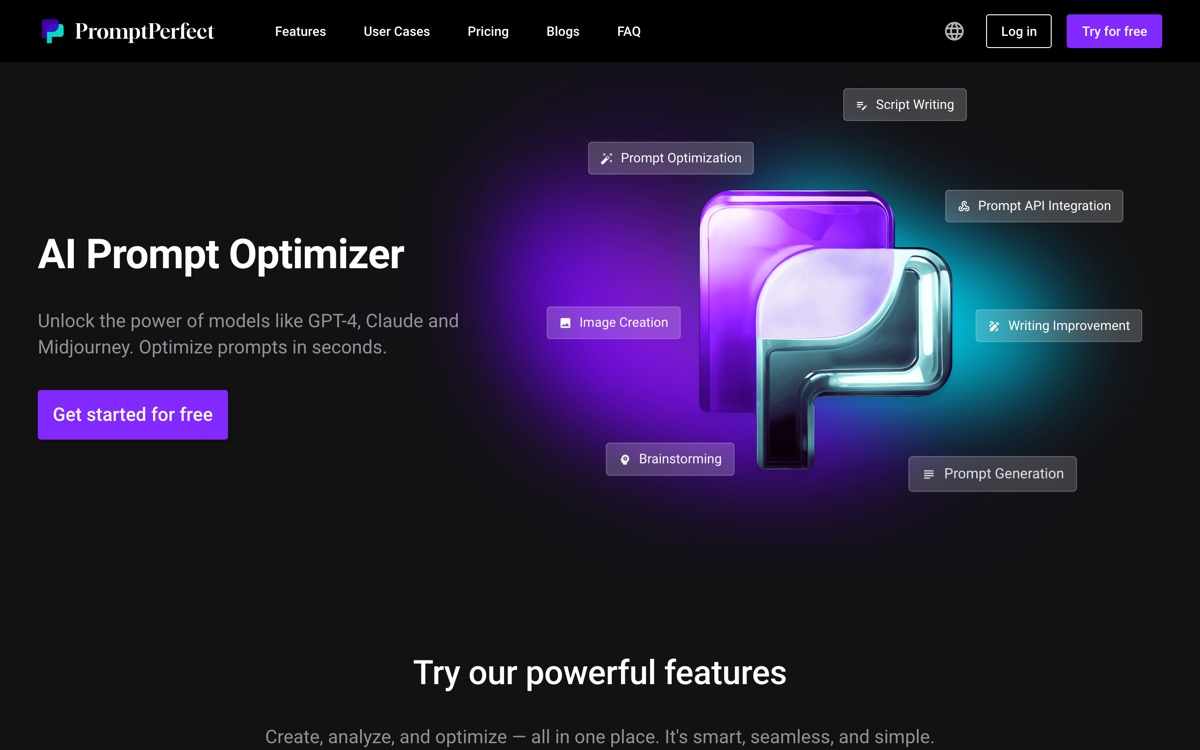 Screenshot of the PromptPerfect website