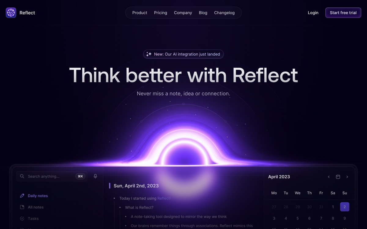 Screenshot of the Reflect website