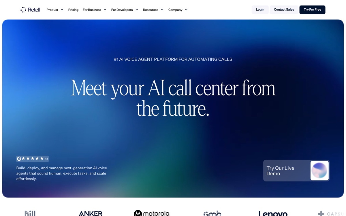 Screenshot of the Retell AI website