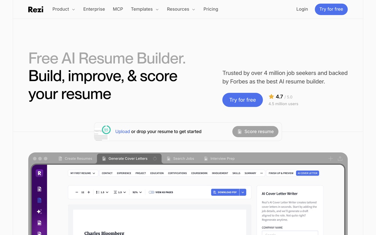 Screenshot of the Rezi website