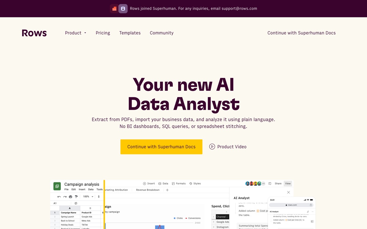 Screenshot of the Rows website