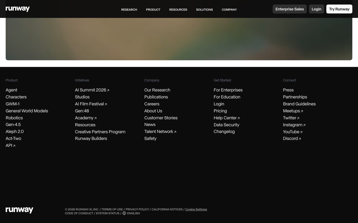 Screenshot of the Runway website