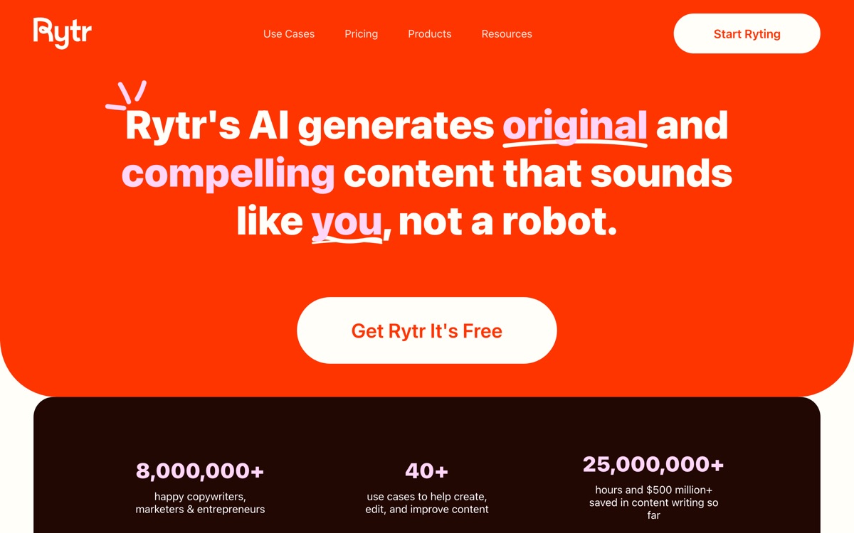 Screenshot of the Rytr website