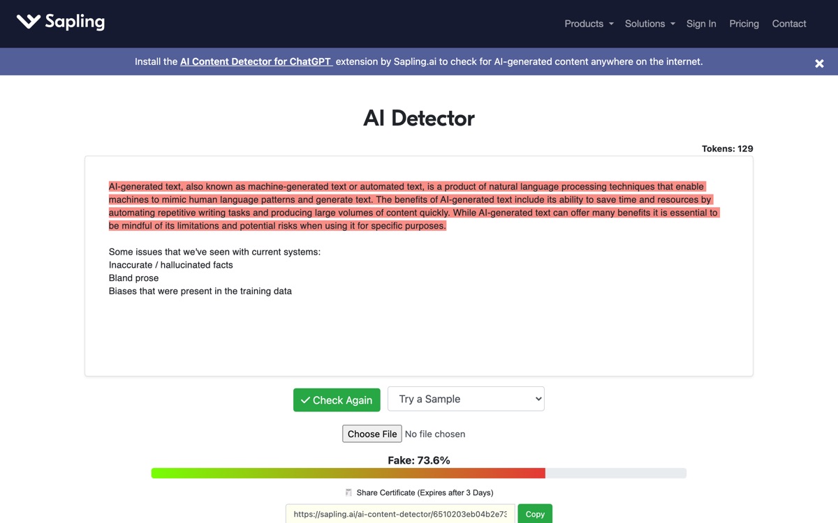 Screenshot of the Sapling AI Detector website