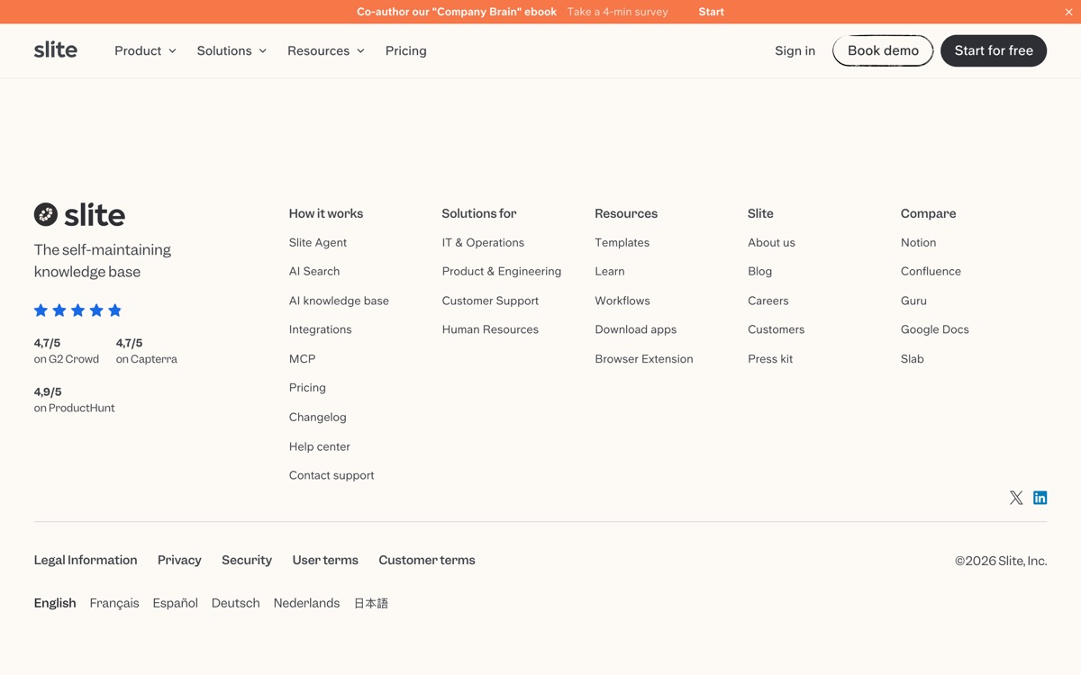 Screenshot of the Slite website