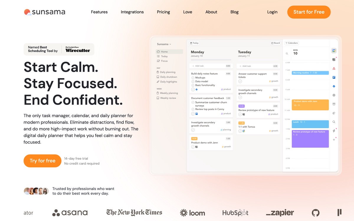 Screenshot of the Sunsama website