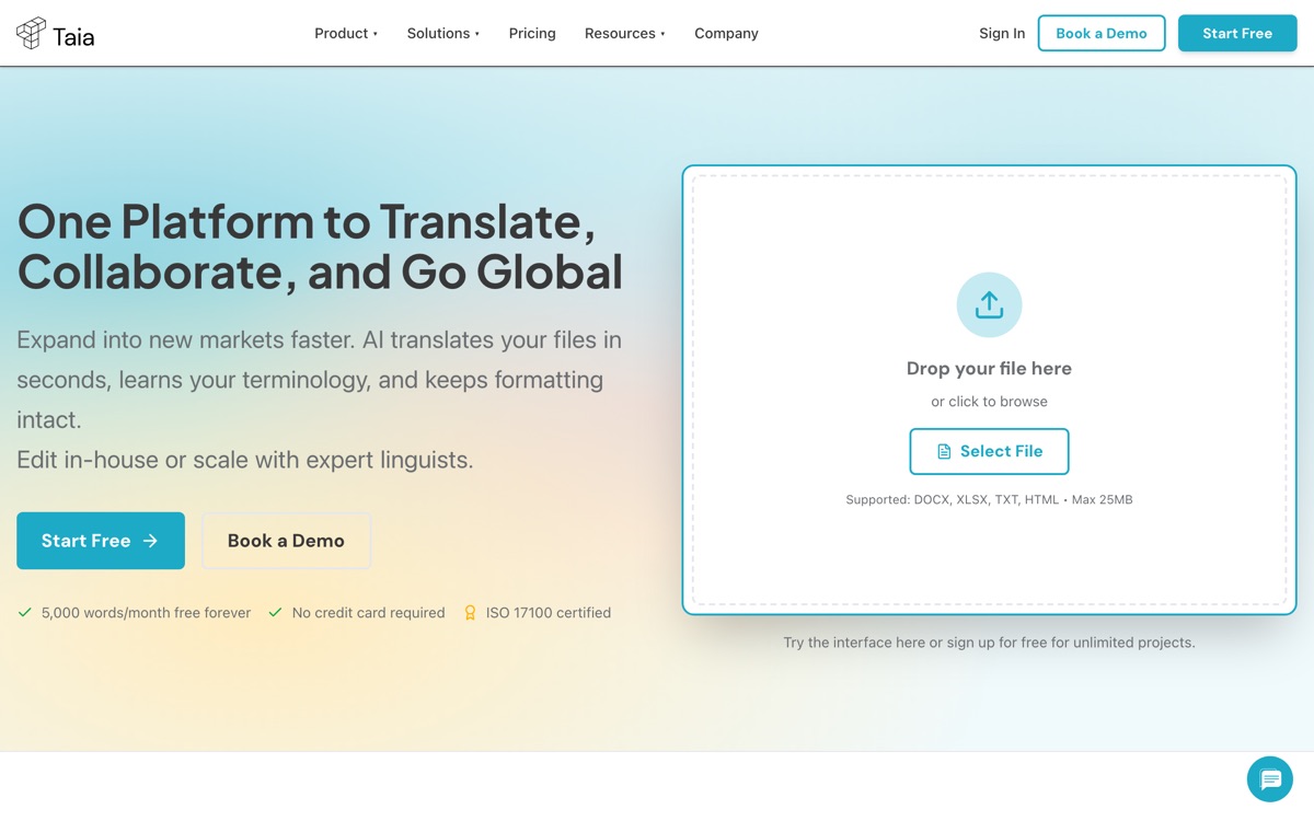 Screenshot of the Taia website