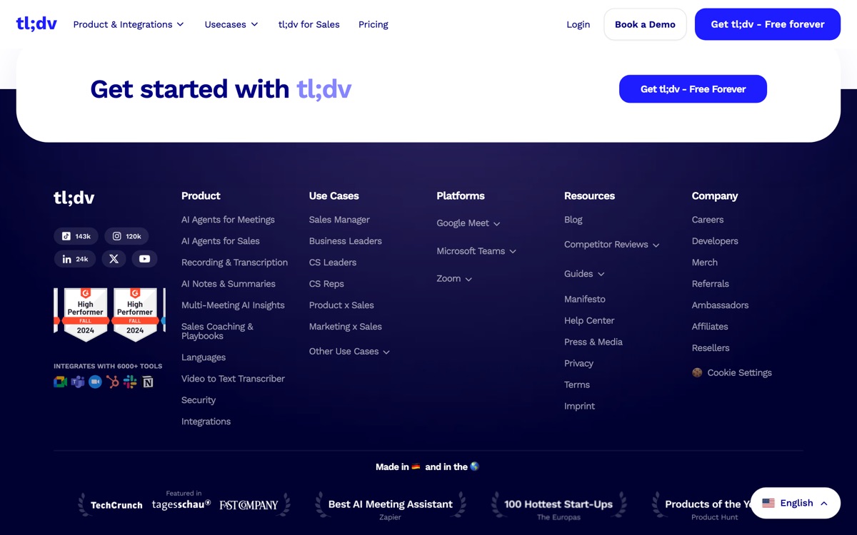 Screenshot of the tl;dv website