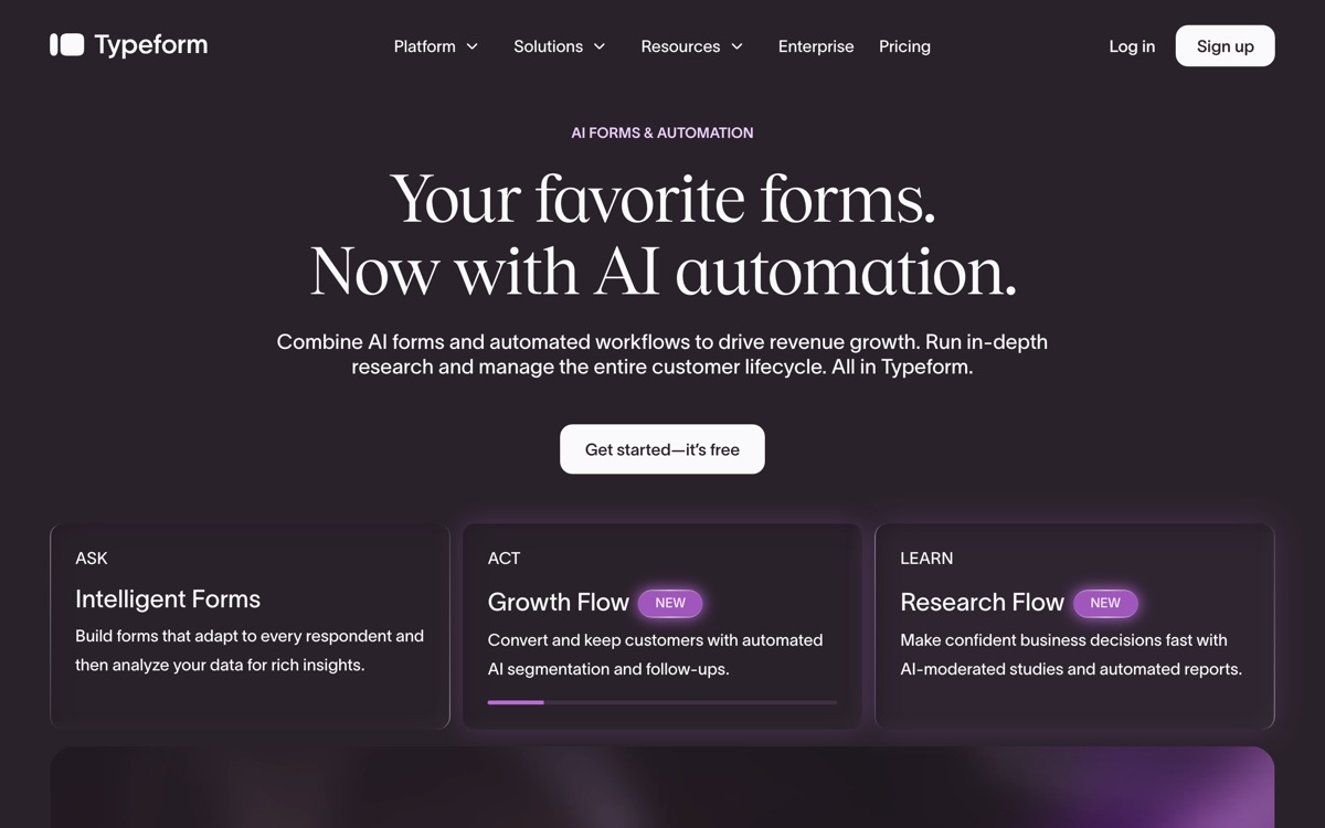 Screenshot of the Typeform website