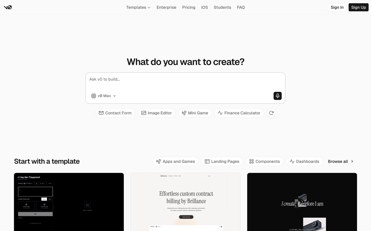 Screenshot of the v0 website