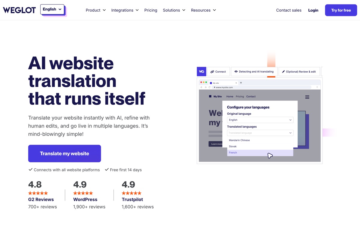 Screenshot of the Weglot website