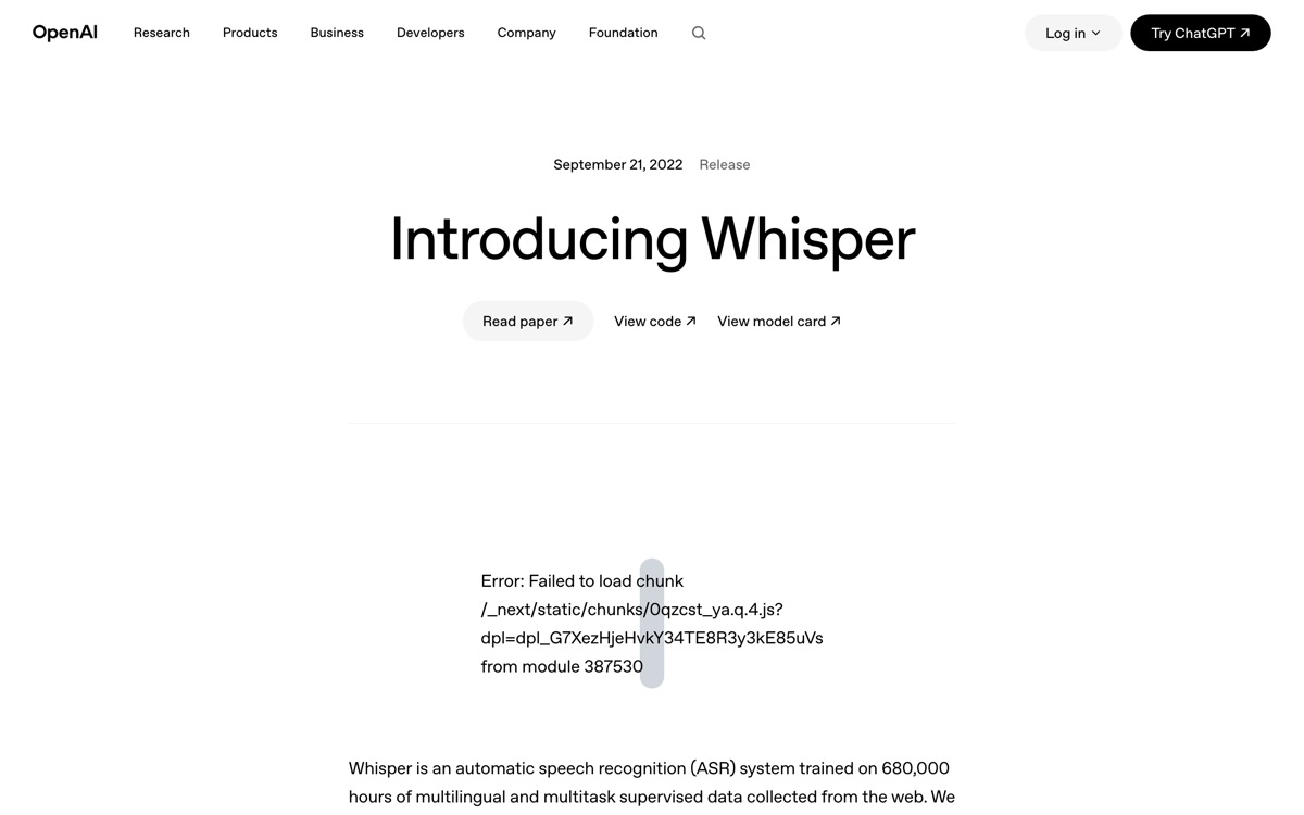 Screenshot of the OpenAI Whisper website