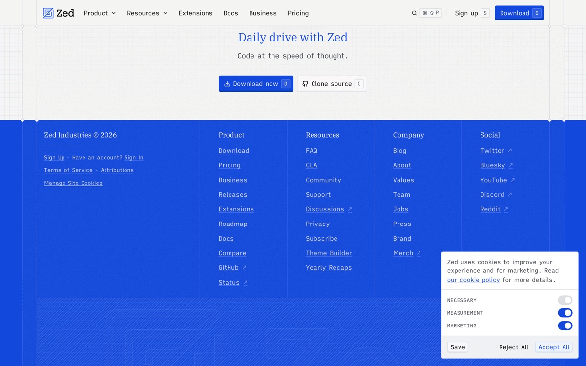 Screenshot of the Zed website